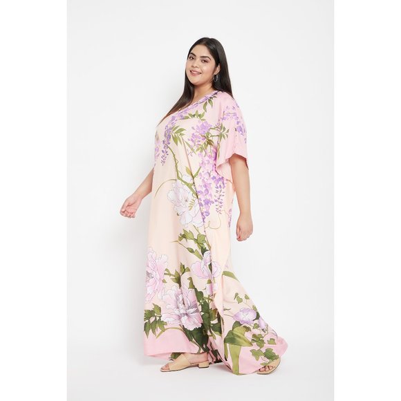 Floral Printed Peach Polyester Plus Size Kaftan Dress for Women by Gypsie Blu - Picture 5 of 9